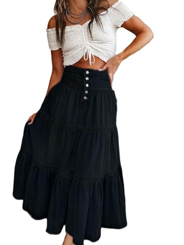 Women Y2k Denim Skirt Casual Solid Color Ruffled Hem High Waist A-Line Jeans Skirt for Club Streetwear