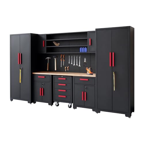 Garage Cabinet Storage System - 9-Piece Workshop Set w/Steel Cabinets & Workbench Includes Rolling Chest & Pegboard Heavy-Duty Black & Red Tool Organization for Garage/Workshop