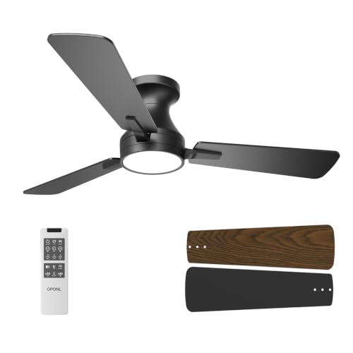 OPONL 42 Inch Black Ceiling Fan with Light, Remote Control, Noiseless, Reversible, 6CCT, Dimmable, Timeable, Metal Housing, Flush Mount Ceiling Fans with Lights for Bedroom, Indoor/Outdoor Use