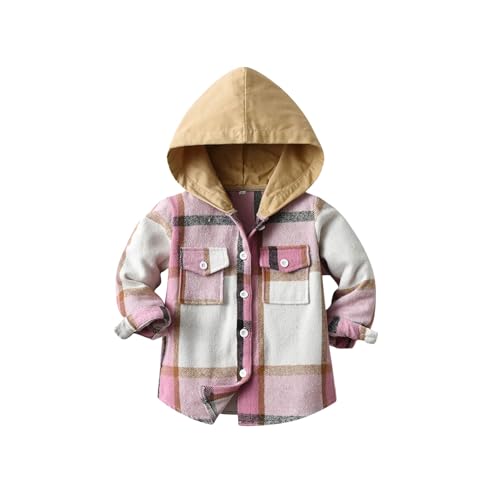 girls plaid shirt Kids Toddler Flannel Shirt jackets Boys Girls 2025 Trendy Casual Long Sleeve Button Down Warm Loose Hooded Plaid Coat Pink 3-6 Months