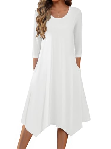 Zeagoo Midi Ladies Casual 3/4 Sleeve Dress Funeral Dresses 2025 Church Wedding Dresses Aline Elegant Flowy Modest Business Dress Vestidos Casuales para Mujer White