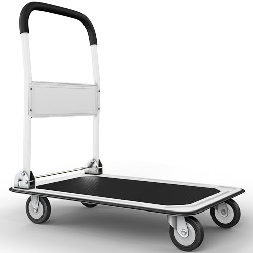 Image of Heavy Duty Foldable Push Cart Dolly | 660 lbs. Capacity | Upgraded Collapsible Hand Truck Folding Platform with Swivel Wheels | Flat Bed Moving Wagon | Space Saving Push Handle (White)
