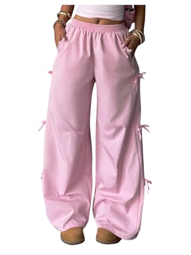 Girl's Bowknot Baggy Sweatpants Y2K Elastic Waist Wide Leg Loose Trousers with Pocket