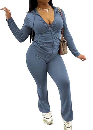 PINSV Women 2 Piece Outfits Workout Bodycon Tracksuit Long Sleeve Zip Up Hoodie Jacket Matching Flared Pants Sets4