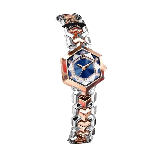 ウォッチ 2個の高級レディースダイヤモンド文字盤六角形ガラスクォーツ防水マッチングドレス 防水 腕時計(Inter Rose Gold Blue)