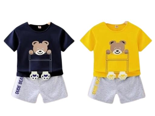Kid Boys Cotton Blend Dude Bear Printed Yellow Blue Comfy Top & Bottom Clothing Set(Pack of 2)-picture-10