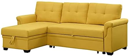BOWERY HILL Yellow Linen Fabric Reversible Sleeper Sectional Sofa with Storage