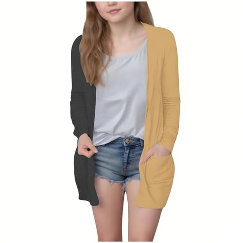 Color Block Cardigans for Girls Kids Open Front Long Sleeve Cardigan Sweater Coats Fall Tops with Pockets 5-14 Years