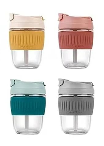 Image of KHOLAD Reusable Glass Coffee & Juice Mug Shaker with Lid & Straw Pack of 1, Thick Glass Tumbler 350ml, Anti-Slip Silicone Band, Leak-Proof Travel Cup Sipper Bottle for Hot & Cold Drinks (Small Shake)