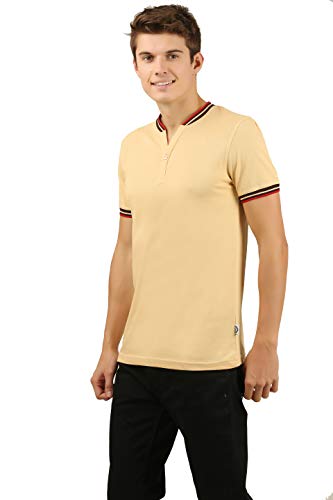 Image of Zebu Men's Half Sleeve Cotton Henley Neck Tshirt with bio wash (Pack of 1). Beige