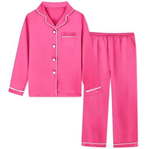 Image of Schbbbta Girls & Women Satin Pajamas Set, 2Piece Silk Nightwear Button-Down Sleepwear for Teen Kids, 3 Years - Women XXL