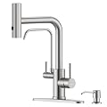 DAYONE Brushed Nickel Waterfall Kitchen Faucet with Drinking Water Faucet and Soap Dispenser, 3 Holes Kitchen Sink Tap with Purfied Water, SUS304 3-Way, (Without Water Filtration Device)