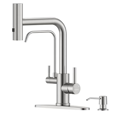 DAYONE Brushed Nickel Waterfall Kitchen Faucet with Drinking Water Faucet and Soap Dispenser, 3 Holes Kitchen Sink Tap with Purfied Water, SUS304 3-Way, (Without Water Filtration Device)
