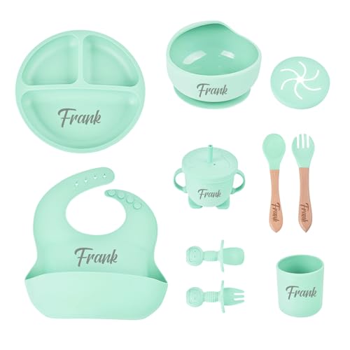 HLCYANYA - Ensemble d'alimentation pour bébé en silicone personnalisé avec nom, fournitures d'auto-sevrage pour bébé personnalisées, avec bols à ventouse en silicone, tasses, assiettes, etc Vert menthe