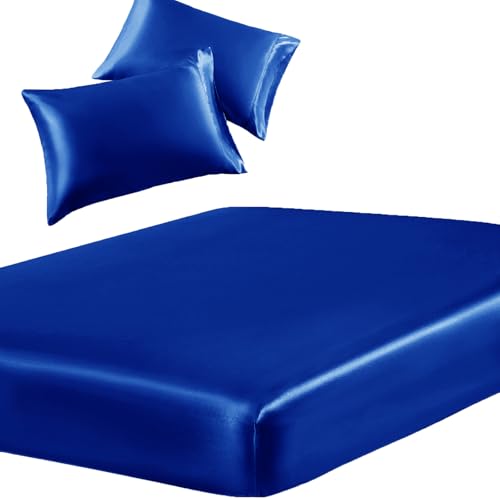 Image of SiinvdaBZX 3-Piece Set Satin Full Fitted Sheet & 2 Pillowcase, Royal Blue Silky Soft Fitted Bottom Sheet, Wrinkle Free, Fade Resistant, Deep Pocket Bed Sheet (Deep Up to 15 inch)