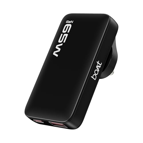 Image of boAt 65W GaN Nano Charger, Fast Charging PD, PPS & QC 3.0 in Ultra-Slim Body,Foldable US Flat Pins & Snap-On Indian Round-Pin; GaN Chip Tech; USB-C & USB-A Output, Free Type-C to C Cable(Carbon Black)