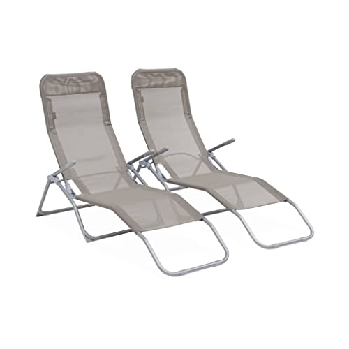 Alice's Garden - Lot de 2 Bains de Soleil pliants - Levito Gris Taupe- Transats textilène 2 Positions. chaises Longues