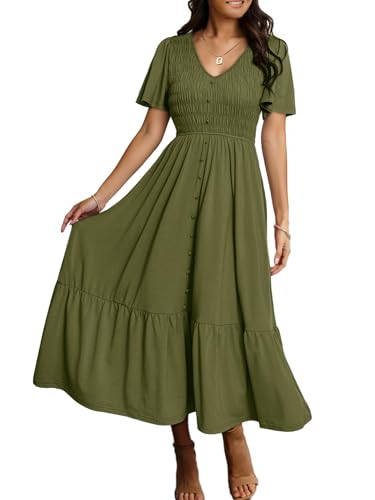 Image of Simplee Womens Summer Smocked Flowy Dress - Casual Flutter Sleeve Tiered Boho Maxi Dresses with Pockets