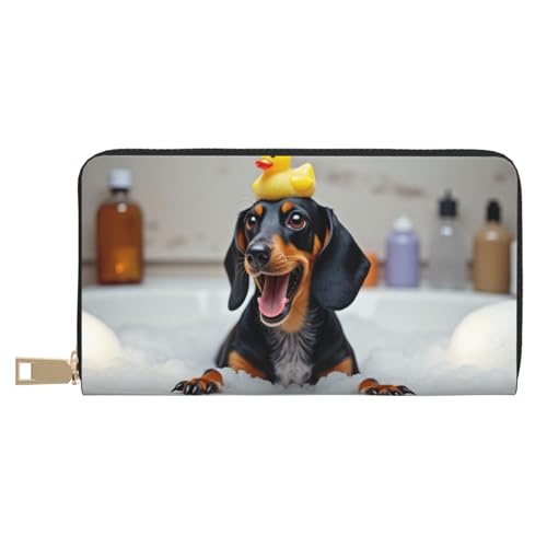 Wallet Women - Cute Yellow Dog Bath Print Leather Wallet for Women with Zipper, Cute Bifold Long Ladies Wallets