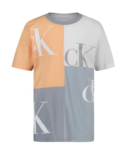 Calvin Klein Boys' Short Sleeve Fashion Print Crew Neck T-Shirt, Comfortable, Relaxed Fit, Block Party Quarry, 14-16