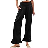 Woman Fashion Ruffle Hem Pant Smocked Elastic High Waist Long Pants for Women Linen Spring Fall Trousers Older Over 50 Pantalones para Mujer pantalón de Pantalon Vestir Trabajo deportivos Black
