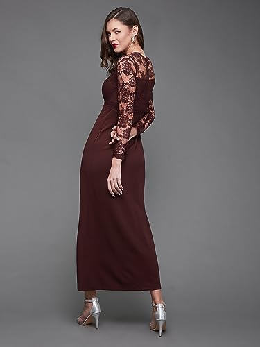 Image of Miss Chase Womens Bodycon Square Puff Sleeve Solid Lace Overlaid Ankle Length Dress