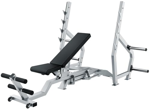 French Fitness Venice 3 Way Flat Incline Decline Olympic Bench, Adjustable Backrest, Dual Footrest, Four Bar Catches, Non-Skid Spotter Platform, Built-in Weight Horns, Transport Wheels