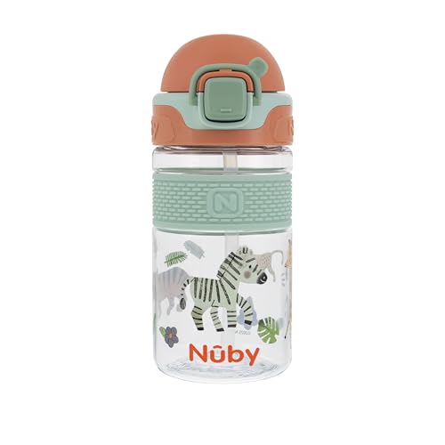 Nuby Thirsty Kids Flip-it Bolt Toddler Cup with Push-Button Locking Flip-Top, Free Flow Silicone Spout, Easy-Grip Band & Durable Base – Spill-Resistant Cup for Home or On-the-Go - Safari