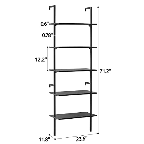Apicizon 5 Tier Ladder Shelf Bookshelf, Industrial Bookshelf With Wood Shelves And Stable Metal Frame, Open Wall Mount Bookcases, Display Shelves For Home Office, Bedroom, Balcony, Bathroom, Black #TOP7
