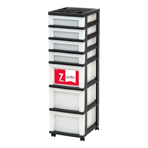 Image of IRIS USA 7-Drawer Rolling Storage Cart, Black /Pearl | Keep classroom supplies, teacher essentials, craft materials, and learning tools organized with easy-access drawers.