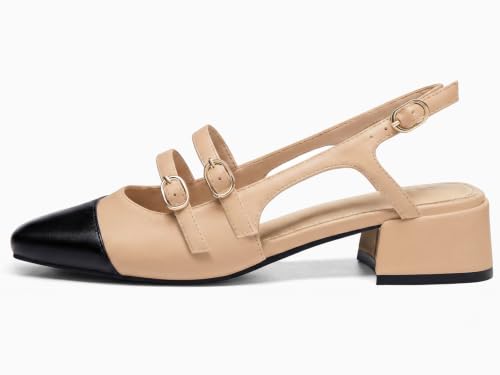 Image of Coutgo Women's Mary Jane Chunky Low Heels Slingback Pumps Closed Square Toe Wedding Dress Shoes