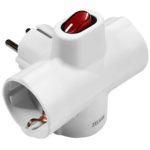 Zelkan Ladron Enchufes con Interruptor - Regletas Enchufes 3 Tomas de Corriente con Forma de T - Regleta con Enchufe Multiple para Pared sin Cable - Base enchufes Multiple - Blanco