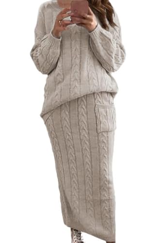 chouyatou Women Winter Casual Chunky Cable Knit Long Pencil Skirt 2 Piece Outfit Oversized Pullover Sweater Sets