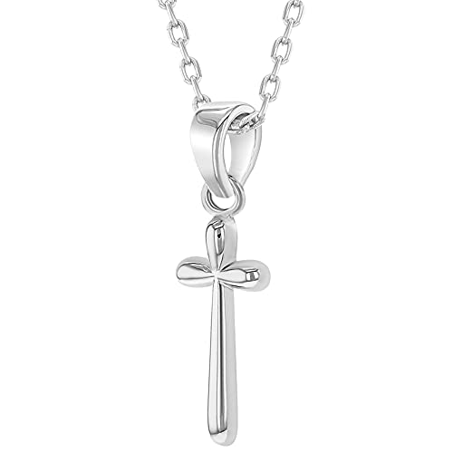 925 Sterling Silver Girl's 16" Round Edge Plain Stick Cross Pendant Necklace - Shiny Rounded Cross Charm Necklaces for Children & Preteens - Classic Religious Petite Cross Jewelry for Little Girls2