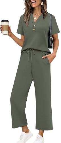 OFEEFAN Spring Outfits for Women 2026 2 Piece Sets Summer Clothes Dressy Casual Fashion Clothing Button V Neck Short Sleeve Wide Leg Crop Pants Green L