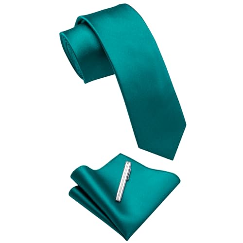 Image of YourTies Skinny Ties for Men Satin 2.4 inch Slim Necktie with Pocket Square Tie Clip Set Solid Color Wedding Party Business