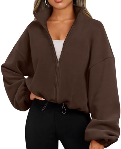 EUDOLAH Damen Reißverschluss Sweatshirt Langarm Fleece Schüttelvlies Pulli Outwear Jacken Herbst Winter Sweatjacke mit Kordelzug Kaffee M