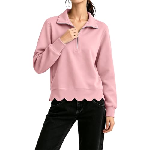 Cropped Scalloped Sweatshirt Women Fleece Cute Quarter Zip Pullover Women - image 7