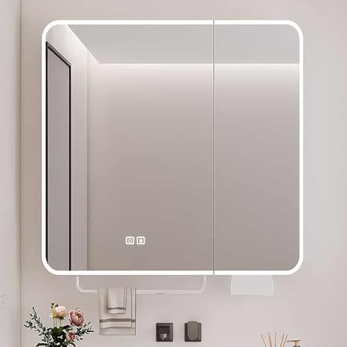Armario de pared con espejo de baño con luz LED, interruptor táctil y amplios estantes, 80 x 70 cm, para lavabo y baño