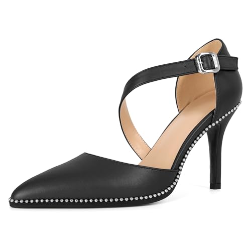 Esvowido Pointed Closed Toe Heels for Women Beaded Ankle Strap Pumps D'Orsay Stiletto High Heels Office Party Wedding 3.5 Inch Dress Shoes