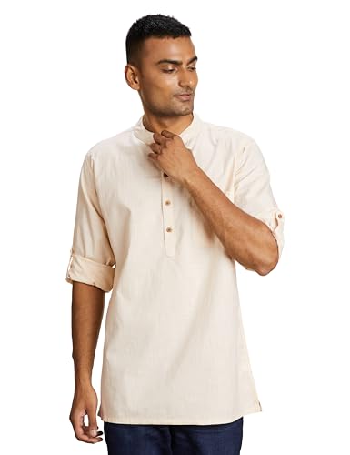 Amazon Brand - Symbol Men's Regular Solid Cotton Short Kurta (SYMETHSKUR-2_Brazilian Sand_6XL)