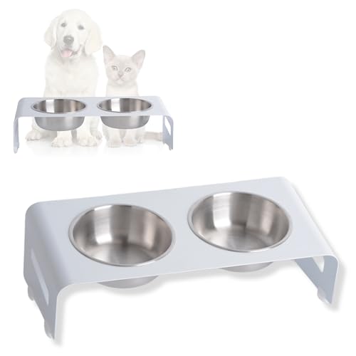 PETLINUS Gamelle Chat Surélevée et Inclinée Double - Gamelle Acier INOX avec Support en métal - Incliné à 15º- pour Chiot, Chien Petit ou Bol Chat,...