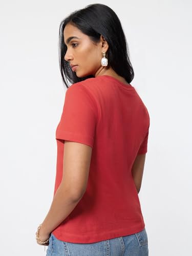 Image of The Souled Store Casual Classics: Women and Girls Short Sleeves Spread Collar Solid Cotton Regular Fit Breathable Lightweight Trendy Everyday T-Shirt