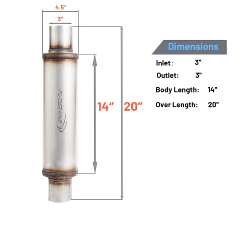 Floshine 3'' Exhaust Muffler,3'' Inlet/Outlet, Universal 20'' Overalll Stainless Steel Straight Through Design,Resonator Super 10 Muffler #TOP2