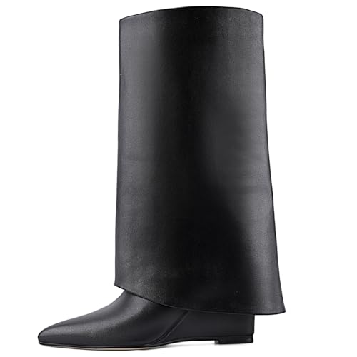 Women's Fold Over Knee High Boots Wedge Heels Pointed Toe Sexy Shark Boots Pull-on Soild Casual Dressy Shoes For Women2