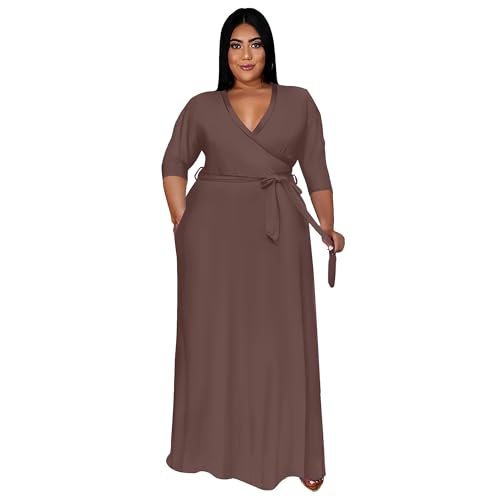 Image of Nmoder Plus Size Maxi Dress for Women - Summer Casual 3 /4 Sleeve Floral Flowy Long Dress with Belt XL- 6XL
