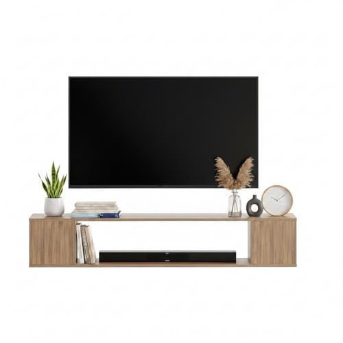 Image of FURNEASER Ether Modern Wall Mounted TV Unit with Floating Shelf | Wooden TV Entertainment Unit for Living Room | Engineered Wood Media Console for 43,50, 55 to 65 Inch TV (Exotic Teak)