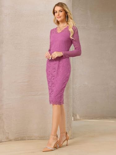 Image of Hobemty Women's Floral Lace Dress V Neck Long Sleeve Cocktail Wedding Bodycon Pencil Dresses