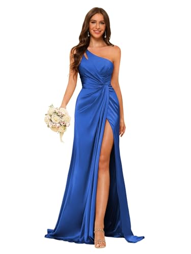 Image of vintys Women's One Shoulder Ruched Bridesmaid Dresses Long with Slit Satin Formal Prom Dress VS117