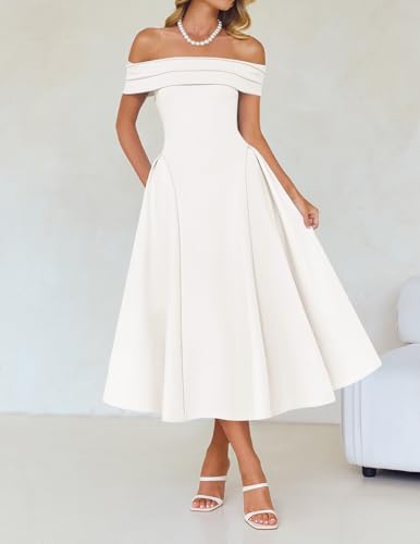 Image of ZESICA Summer 2026 Cocktail Dresses for Women's Off Shoulder Short Sleeve Swing A Line Wedding Evening Party Midi Dress